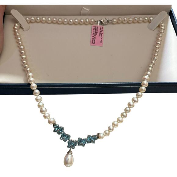 Sterling Silver Blue Topaz & Drop Pearls Necklace & Earrings Set